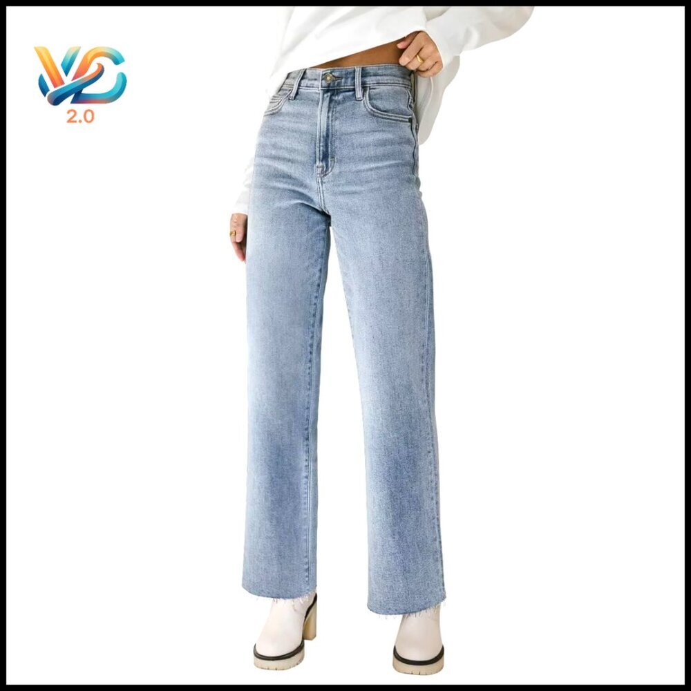 Straight Leg Jeans High Waisted Cropped Raw Hem Loose Stretchy Wide Leg Pants